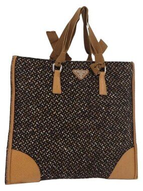 PRADA Hand Bag Canvas Brown Silver Auth 175566A